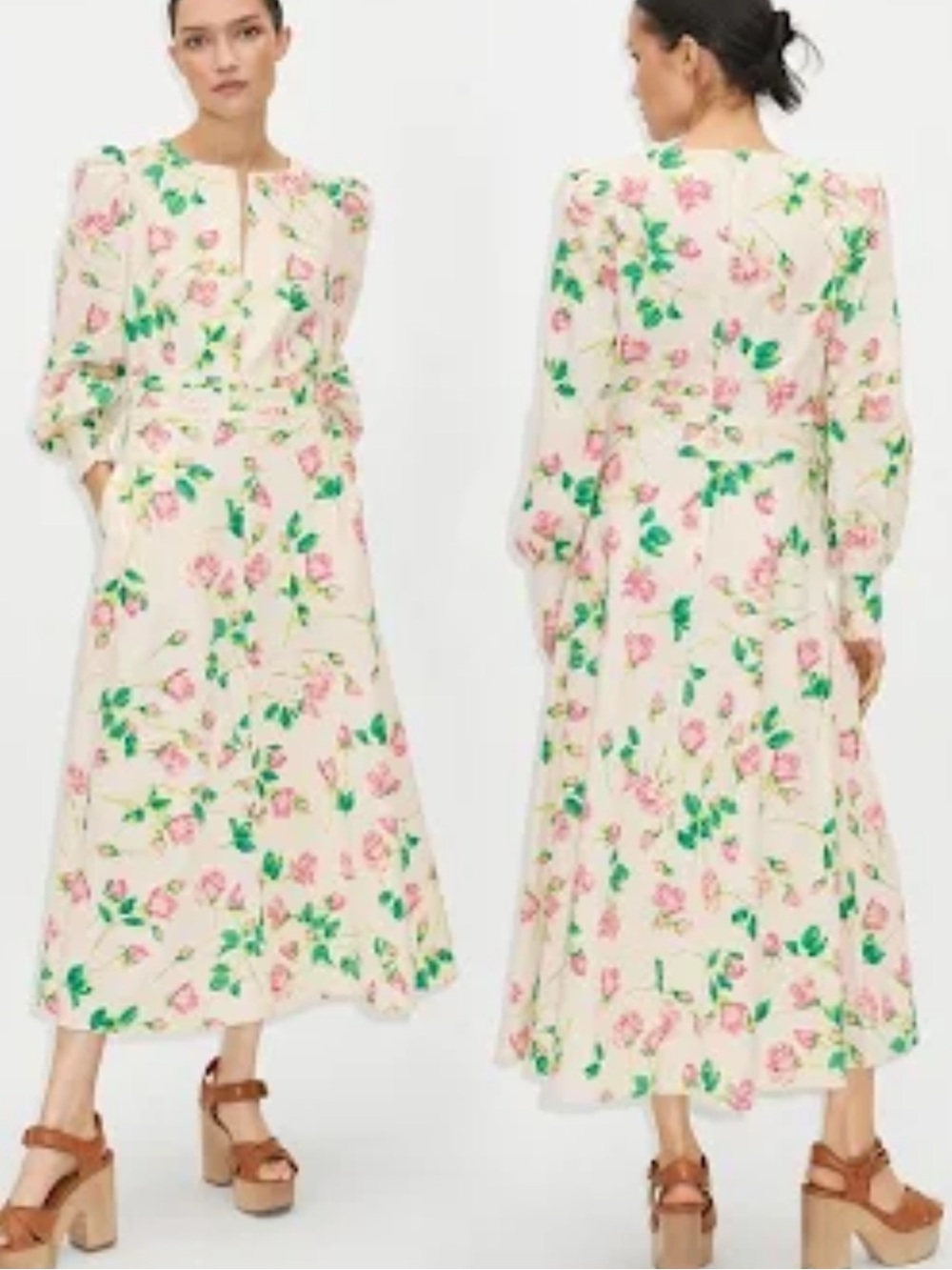 ME+EM Rose Print Structured Midi Dress - Cream Pink Floral Pocketed size 12